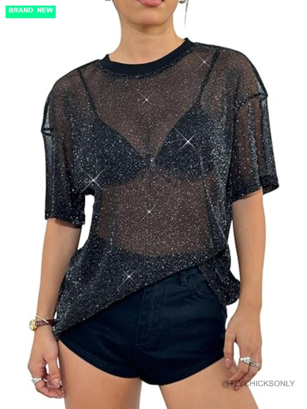 Sparkle Sheer Short Sleeve Tee - Black